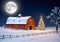 A Snowy Christmas Barn Scene, At Full Moon Night. Generative AI