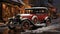A Snowy Christmas Decorated Town with a Classic Vintage Car Parked Outside . Generative AI