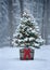 Snowy Christmas Tree with Colorful Lights in a Forest