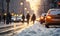 Snowy city scene with blurred traffic and pedestrians on crosswalk, winter morning with glowing sunlight and snowflakes in urban
