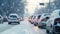 Snowy city streets, cars slide, danger lurks generated by AI