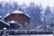 Snowy cottage in forest. Winter landscape with wooden luxury house.