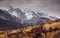 Snowy, craggy Andes mountains in Valle de Uco, Mendoza, Argentina, in a dark cloudy day
