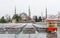 Snowy day in Sultanahmet Square and Blue Mosque. Istanbul, Turkey