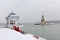 Snowy day in Uskudar with Maiden`s Tower. Istanbul, Turkey