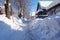 snowy driveway with cleared path and piled snow