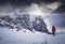 snowy early winter landscape in Alpe di Siusi. Dolomites, Italy - winter holidays destination