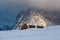 snowy early winter landscape in Alpe di Siusi. Dolomites, Italy - winter holidays destination