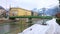 The snowy embankment of Trau river, Bad Ischl, Salzkammergut, Austria