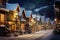 A snowy European village street, adorned with Christmas lights and decorations
