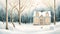 snowy evening at a cozy cottage in a tranquil winter landscape, where warmth and serenity embrace the surroundings