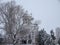 Snowy February landscape. Church in the city park