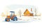 snowy field with barn, tractor buried in snow