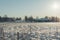 Snowy field with rustic buildings in the background.