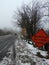 Snowy and foggy dangerous winter road