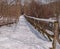 A snowy foot bridge in the woods