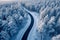 Snowy forest landscape aerial perspective of curvy, winding road