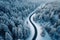 Snowy forest landscape aerial perspective of curvy, winding road