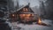 Snowy forest landscape with a cozy illuminated cottage and firewood generated by AI