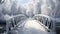A snowy, frosty winter walking bridge