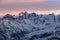 Snowy Greater Caucasus ridge. Mount. Ushba. Sunset. Panoramic view. Elbrus region, Kabardino-Balkaria, Russia