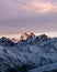 Snowy Greater Caucasus ridge. Mount. Ushba. Sunset. Panoramic view. Elbrus region, Kabardino-Balkaria, Russia