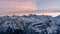 Snowy Greater Caucasus ridge. Mount. Ushba. Sunset. Panoramic view. Elbrus region, Kabardino-Balkaria, Russia