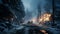 Snowy highly damaged small town with a wild fire along the main street with one helpless person beside his car