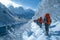 Snowy hiking bliss Adventurers trekking through serene winter landscapes with joy