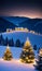 Snowy Hills With Lighted Christmas Trees At Nigh. Generative AI
