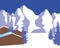 Snowy hills, mountain resort, flat vector stock illustration with winter landscape, nature with countryside and houses