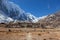 Snowy Himalayan mountains and Nepali village in.