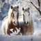 Snowy horses create a picturesque scene on a snowy backdrop