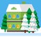 Snowy House and Fir-tree, Winter Postcard Vector