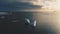 Snowy iceberg in sunset above Antarctica. Front aerial tracking view.