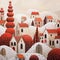 Snowy idyllic little town with cute houses and red Elements