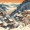 A snowy Japanese village on a moonlit snowy night surrounded by snow-capped mountains and trees in Japanese woodblock style