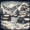 A snowy Japanese village on a moonlit snowy night surrounded by snow-capped mountains and trees in Japanese woodblock style