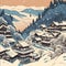 A snowy Japanese village on a moonlit snowy night surrounded by snow-capped mountains and trees in Japanese woodblock style