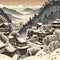 A snowy Japanese village on a moonlit snowy night surrounded by snow-capped mountains and trees in Japanese woodblock style