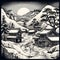 A snowy Japanese village on a moonlit snowy night surrounded by snow-capped mountains and trees in Japanese woodblock style