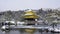 Snowy Kinkaku-ji Temple in winter. Famous tourist attraction in Kyoto, Japan. The Golden Pavilion