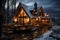 A snowy landscape with a charming cabin, softly lit lanterns, and a starry sky, creating a magical Christmas ambiance. Generative