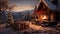 A snowy landscape with a cozy cabin and fireplace in the background, emphasizing the warmth and co