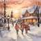 A snowy landscape with a group of friends caroling through the streets.