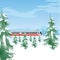 Snowy landscape with train. Winter forest and sky. Beautiful natural background with trees covered with snow