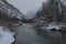 Snowy Landscape view in Bavaria, river, Loisach, Oberbayern