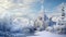 a snowy landscape and a view of a snow-covered castle, the composition to convey the serenity and magic of winter in a