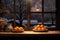 Snowy landscape viewed through a window adorned with oranges