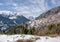 Snowy landscapes. view of Village in Lake Plastira on winter. Greece